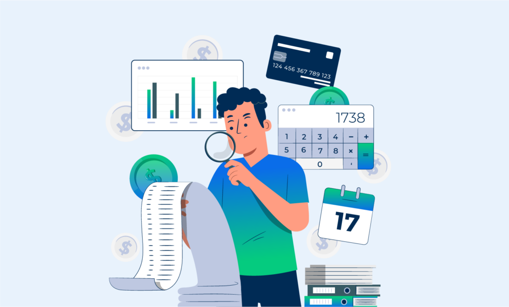 Illustration of a person reviewing payment records with a magnifying glass, charts, and a calculator