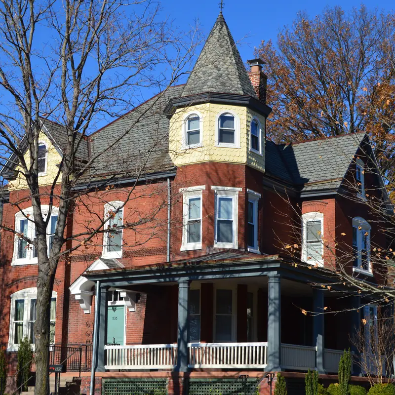 Historic brick homes on a street in Pottstown, PA